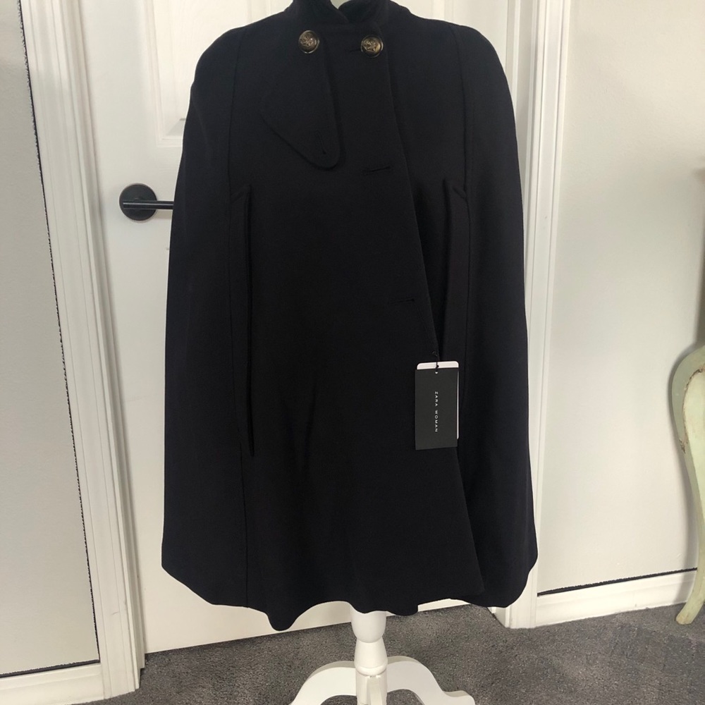 ZARA Navy Wool Cape Coat with Military Buttons